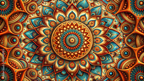 Wallpaper Mural Mandala with intricate pattern in red turquoise color, ethnic indian abstract background Torontodigital.ca