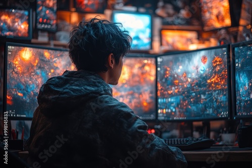 A young gamer sits in front of three monitors displaying a game with a fiery landscape.