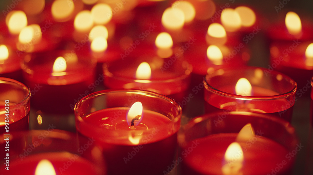 Beautiful background of red burning candles in glass cups Beautiful background of red burning candles in glass cups