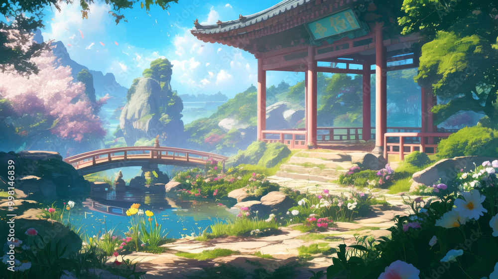 Fototapeta premium serene garden with blooming flowers and tranquil pond invites peace anime cartoon style