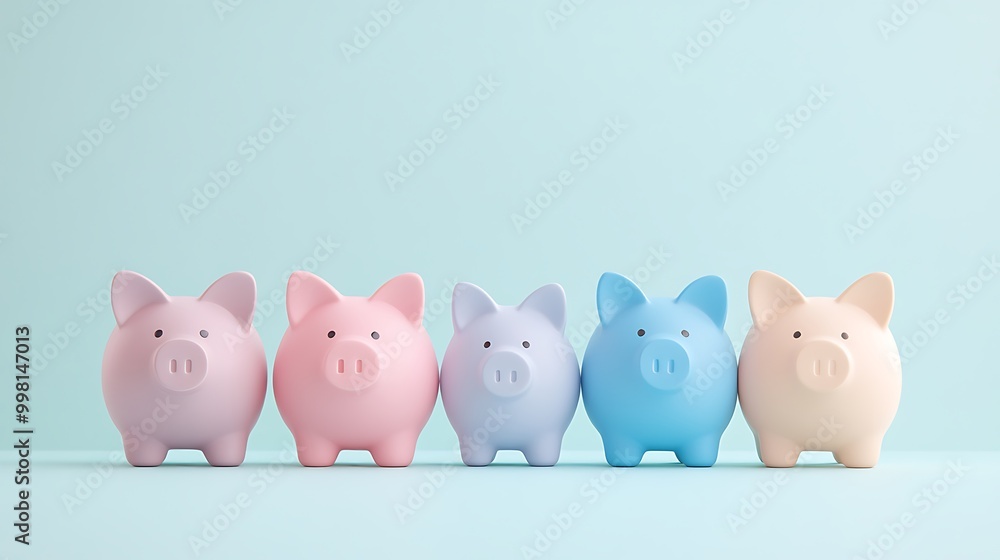 Multiple piggy banks of various sizes arranged in a line, each representing a different savings goal, from small to large. Multiple piggy banks of various sizes arranged in a line, each representing a different savings goal, from small to large.