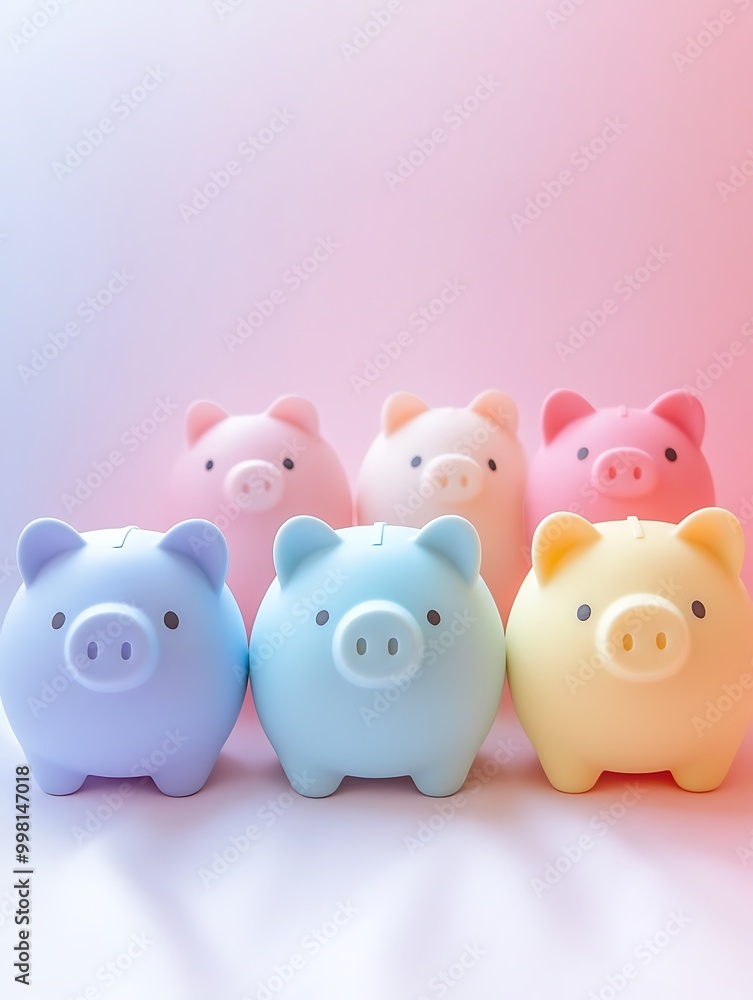 Multiple piggy banks of various sizes arranged in a line, each representing a different savings goal, from small to large. Multiple piggy banks of various sizes arranged in a line, each representing a different savings goal, from small to large.