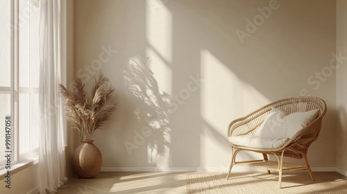 Empty beige wall mockup in boho room interior with wicker armchair and vase. Natural daylight from a window. Promotion background.