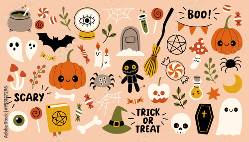 Cute Halloween element set isolated. Ghost, skeleton, bat, pumpkin and spider. For scrapbooking, card, sticker, poster