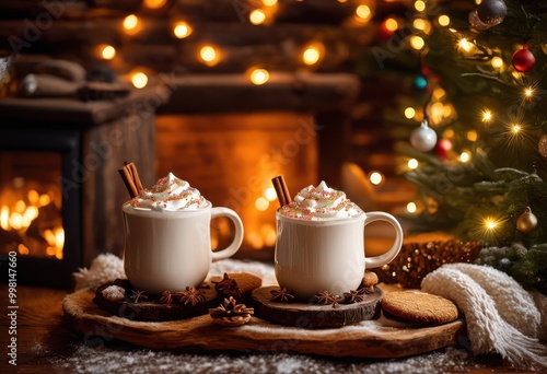 cozy winter beverage setup featuring steaming mugs surrounded seasonal decor comforting textures warm atmosphere, coffee, cocoa, cup, ceramic, wood, blanket