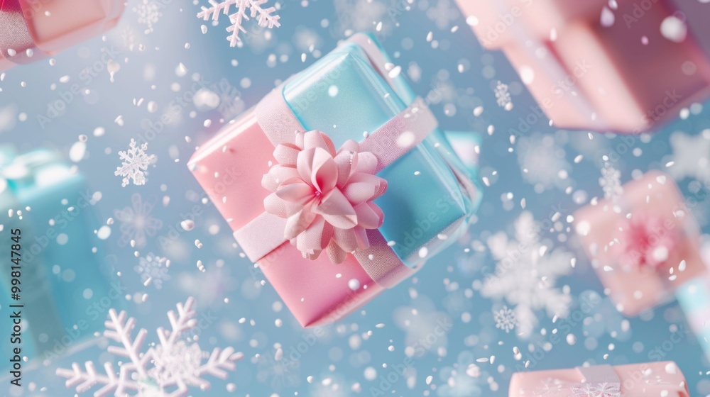 A blue and pink box with a bow on top is flying through the air A blue and pink box with a bow on top is flying through the air