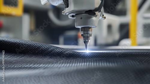 Close up view of a carbon fiber fabric being precisely cut using laser guided tools for the production of advanced aerospace components  The image showcases the intricate industrial process photo