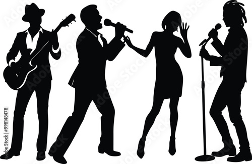 Set of black singer silhouettes, Set of black musicians silhouettes, Musicians vector silhouette set, Singer silhouette vector illustration on black and white.