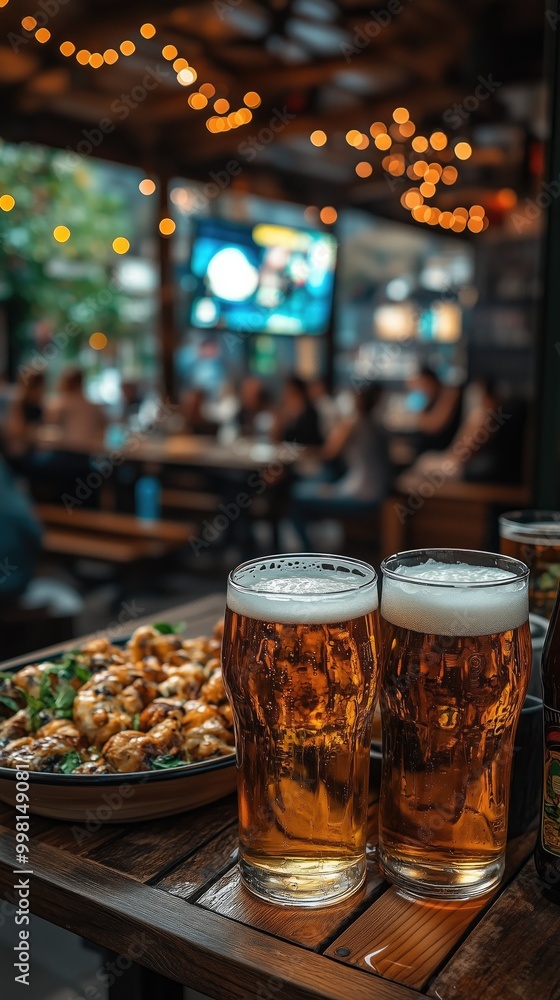 Couple of beers in a bar with some tapas. blurry background, beautiful and cozy place Couple of beers in a bar with some tapas. blurry background, beautiful and cozy place