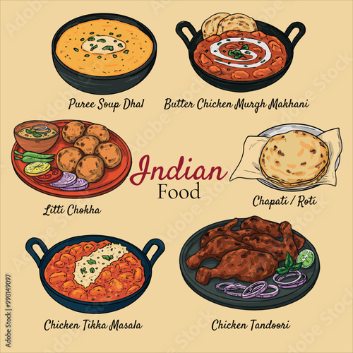 Collection of Hand Drawn Indian Cuisine Food Vector Illustration Chicken Tandoori, Makhani Butter Chicken, Puree Dhal, Roti Chapati and Tikka Masala