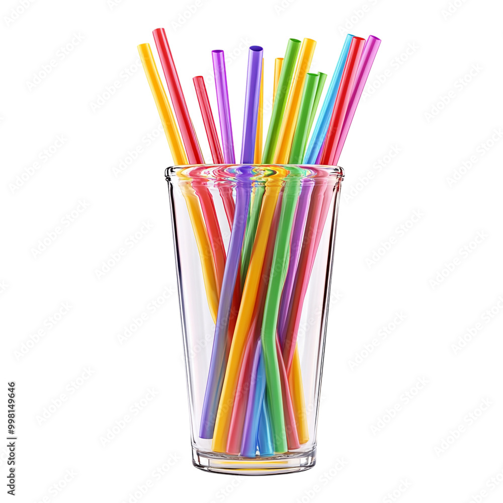 A glass filled with colorful straws isolated on a transparent background A glass filled with colorful straws isolated on a transparent background