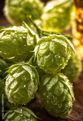 detailed close shots capturing intricate mechanics fresh brewed hop bubbles brewing enthusiasts, amber, carbonation, craft, clarity, cold, condensation photo