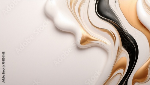 Abstrakcyjne białe tło z płynną, rozlewającą się czarną, białą i złotą farbą  © Monika