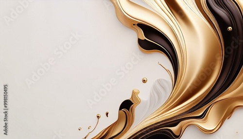 Abstrakcyjne białe tło z płynną, rozlewającą się czarną, białą i złotą farbą  © Monika