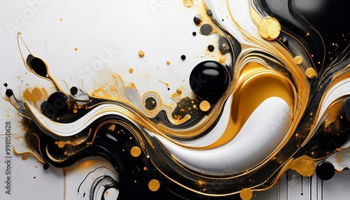 Abstrakcyjne białe tło z płynną, rozlewającą się czarną, białą i złotą farbą  © Monika