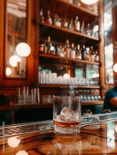 A glass of whiskey with ice cubes on a sleek bar counter, against a blurred background of warm lights and shelves filled with liquor bottles, evoking a cozy and refined ambiance