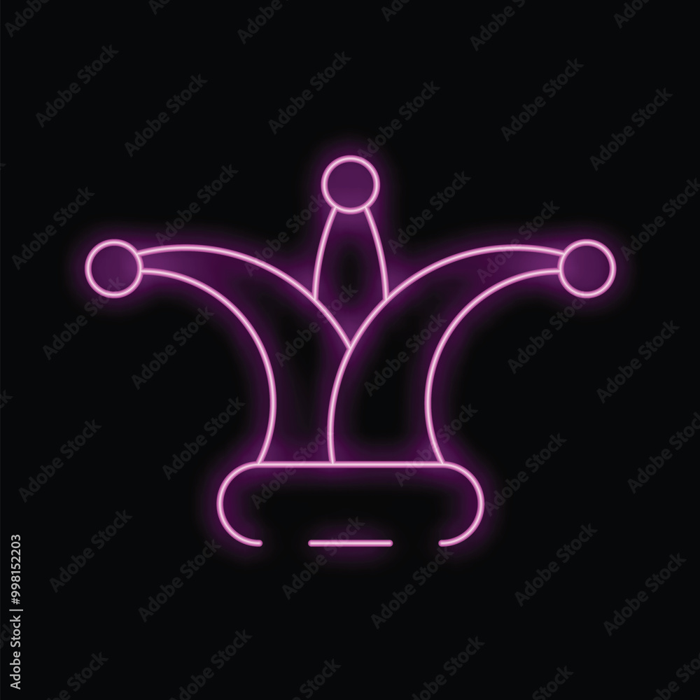 Neon sign representing a jester hat with three points, glowing purple on a black background Neon sign representing a jester hat with three points, glowing purple on a black background