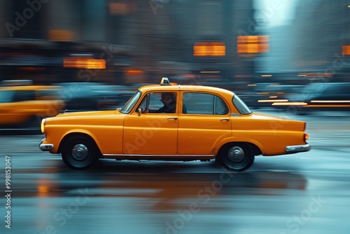 A yellow taxi cab speeds through a city street, blurred by motion, with rain-slicked asphalt and a driver visible inside.