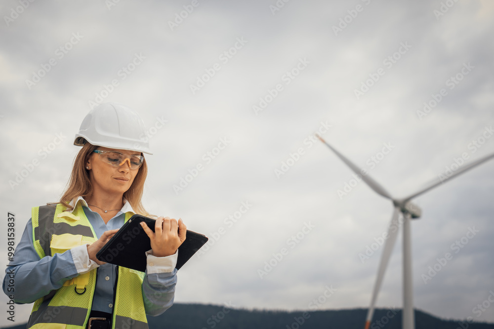 A skilled female engineer inspects a wind turbine with her tablet, checking maintenance and efficiency, showcasing her expertise in sustainable technology and renewable energy innovation