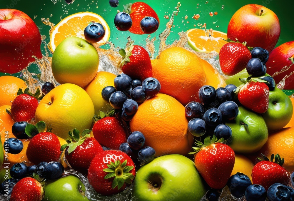 dynamic display colorful fruits showcasing bright juicy lively tropical bananas captivating explosion freshness, apple, orange, lemon, pineapple, mango, kiwi dynamic display colorful fruits showcasing bright juicy lively tropical bananas captivating explosion freshness, apple, orange, lemon, pineapple, mango, kiwi