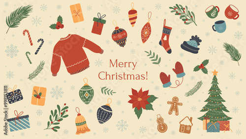 Elements of New Year and Christmas attributes in flat style. Set of traditional symbols of winter holidays. Christmas decorations, clothes, toys and gifts, gingerbread man. Trendy modern vector 