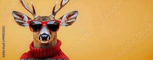 Holiday-themed deer in sunglasses, soft-lit studio photography. photo