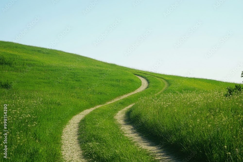 Winding dirt path through lush green hills on a sunny day in the countryside Winding dirt path through lush green hills on a sunny day in the countryside