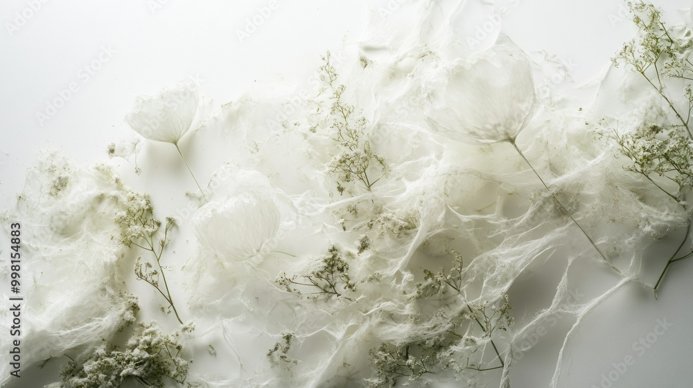 White Flowers and Delicate Webbed Texture on a White Background White Flowers and Delicate Webbed Texture on a White Background