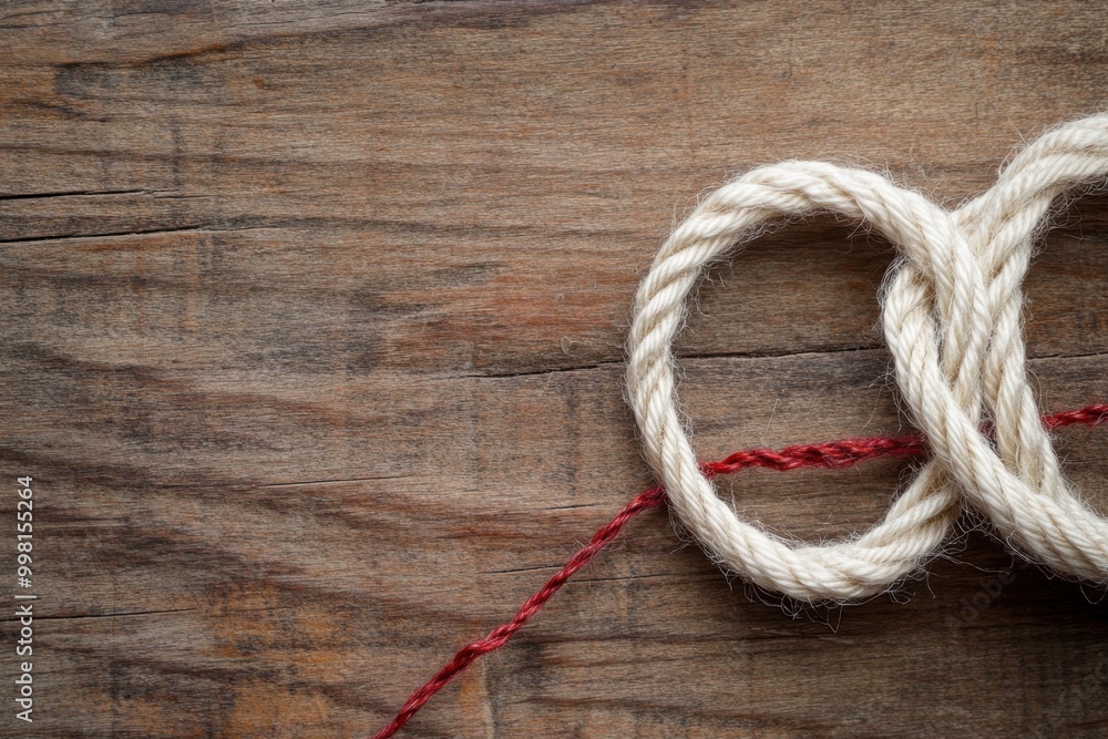 Two intertwined ropes lying on a wooden surface creating a decorative pattern Two intertwined ropes lying on a wooden surface creating a decorative pattern