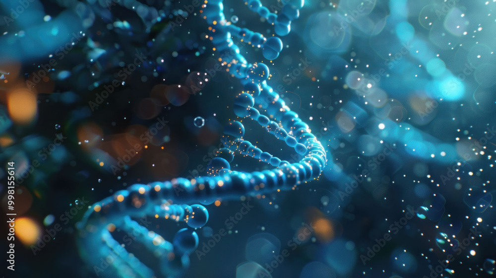 close up view of DNA double helix structure, showcasing intricate details and vibrant colors. image captures essence of genetic material, with glowing blue strands and sparkling particles, evoking close up view of DNA double helix structure, showcasing intricate details and vibrant colors. image captures essence of genetic material, with glowing blue strands and sparkling particles, evoking
