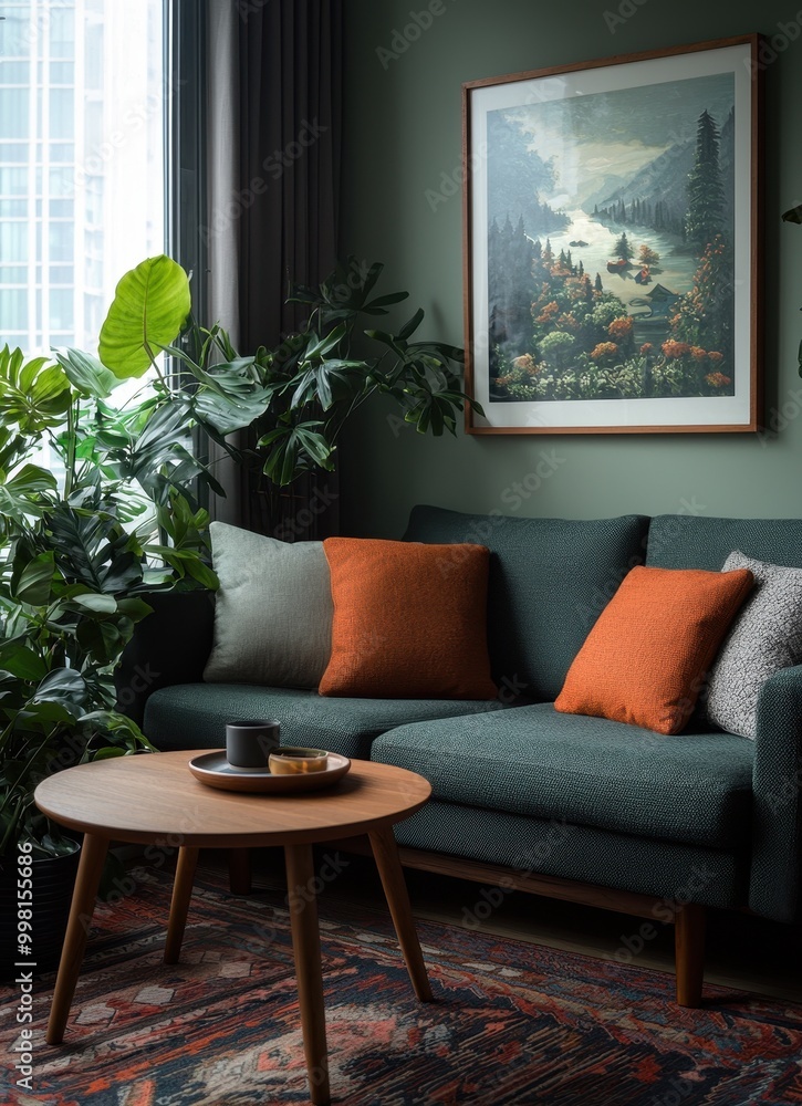 Fototapeta premium Dark Green Living room with sofa