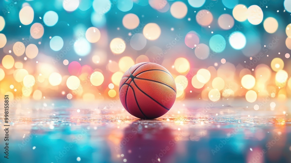 A vibrant basketball rests on a reflective surface, surrounded by an enchanting bokeh backdrop filled with colorful lights, creating a dynamic and festive atmosphere. A vibrant basketball rests on a reflective surface, surrounded by an enchanting bokeh backdrop filled with colorful lights, creating a dynamic and festive atmosphere.