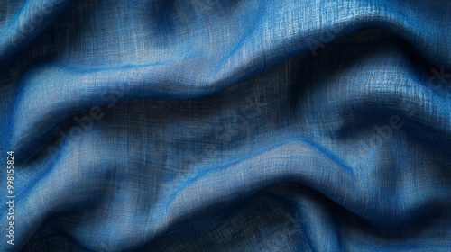 Blue fabric texture background, highlighting the fine details of a silk or linen pattern.