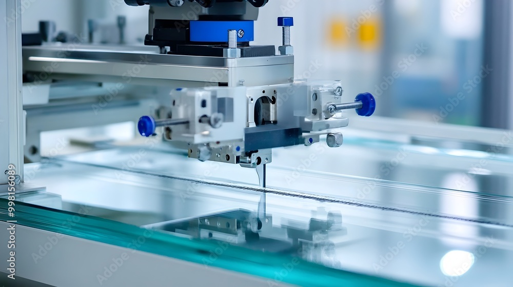 Detailed view of an industrial machine scoring and cutting glass sheets to exact dimensions for use in construction projects and building applications Detailed view of an industrial machine scoring and cutting glass sheets to exact dimensions for use in construction projects and building applications