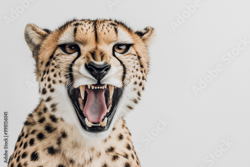 Cheetah Roaring with Fierce Expression
A cheetah roaring intensely, displaying its sharp teeth and powerful jawline