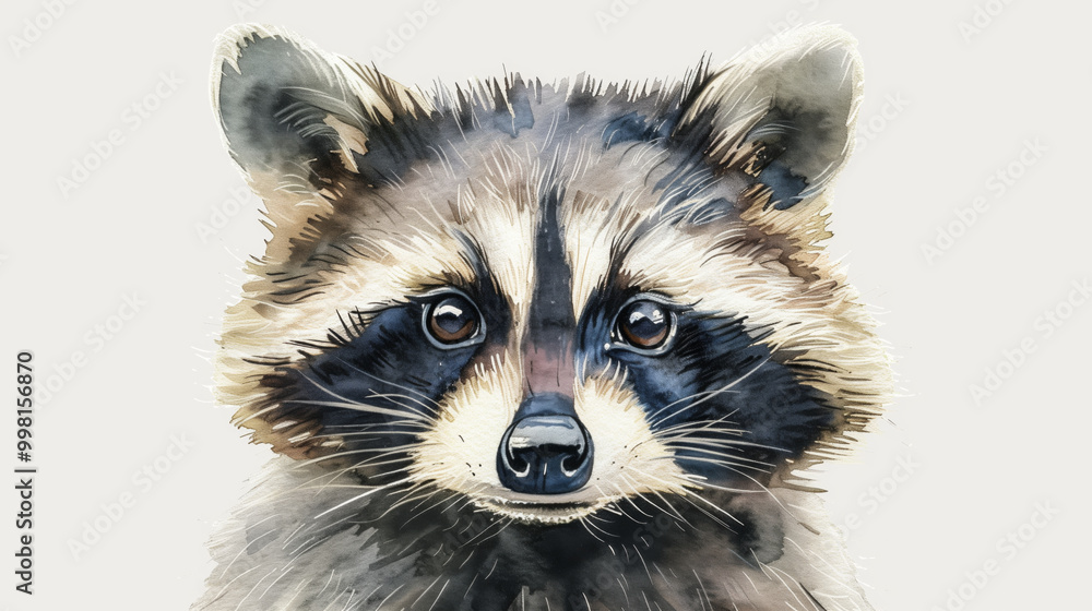 Obraz premium Portrait of a raccoon close-up watercolor illustration Raccoon head drawing on pale background