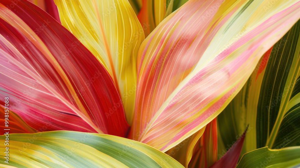 Vibrant leaves in shades of red, yellow, and green create stunning tropical display, showcasing beauty of natures palette. intricate patterns and colors evoke sense of warmth and vitality Vibrant leaves in shades of red, yellow, and green create stunning tropical display, showcasing beauty of natures palette. intricate patterns and colors evoke sense of warmth and vitality
