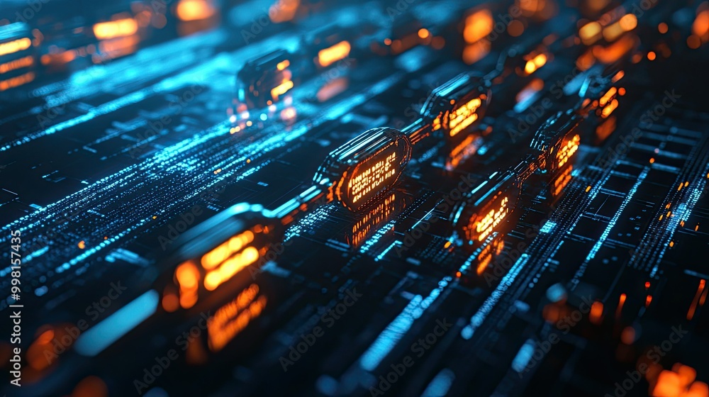 3D rendering of a blockchain network with glowing data streams, nodes, and connections against a sleek blue digital background, representing secure data analysis. 3D rendering of a blockchain network with glowing data streams, nodes, and connections against a sleek blue digital background, representing secure data analysis.