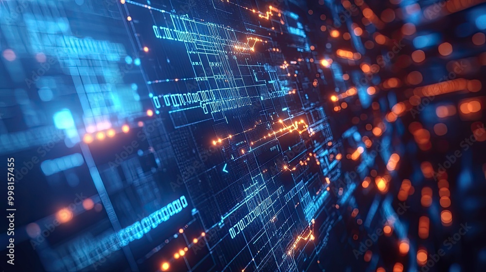 Fototapeta premium 3D blockchain network with glowing nodes and data flow lines, floating in a futuristic blue cyberspace background, ideal for data analysis and tech visualization.