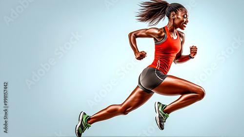 Dynamic illustration of an African woman sprinting with determination and speed. Copy space. photo