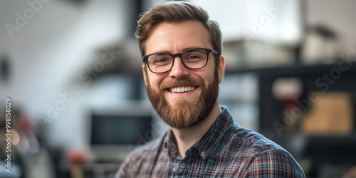 Smiling man with glasses and a beard poses for a portrait. He is dressed in a checkered shirt. The photo captures a friendly atmosphere. Ideal for casual or lifestyle themes. AI