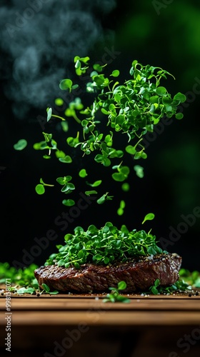 Vertical farm microgreens garnishing a labgrown steak photo