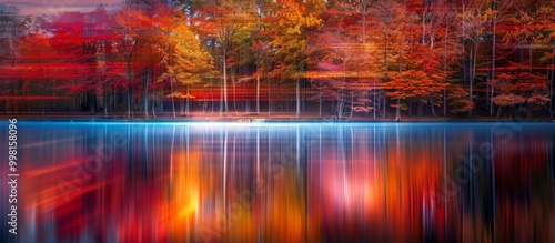 Vibrant autumn foliage reflects in a serene lake at sunset showcasing brilliant colors in a peaceful natural setting