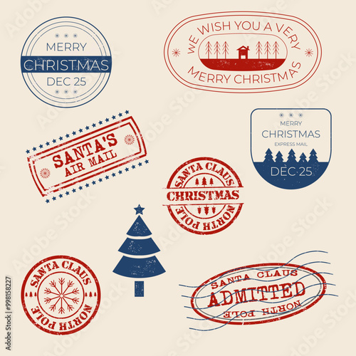 Merry Christmas stamps. Santa's mail stamp. Vector illustration on white background. Can be used for labeling various goods and services, for scrapbooking and much more	
