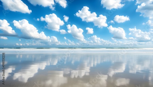 Tranquil seascape featuring a vibrant blue sky, soft fluffy clouds, and gentle waves lapping against a sandy shore with reflections in the serene water.