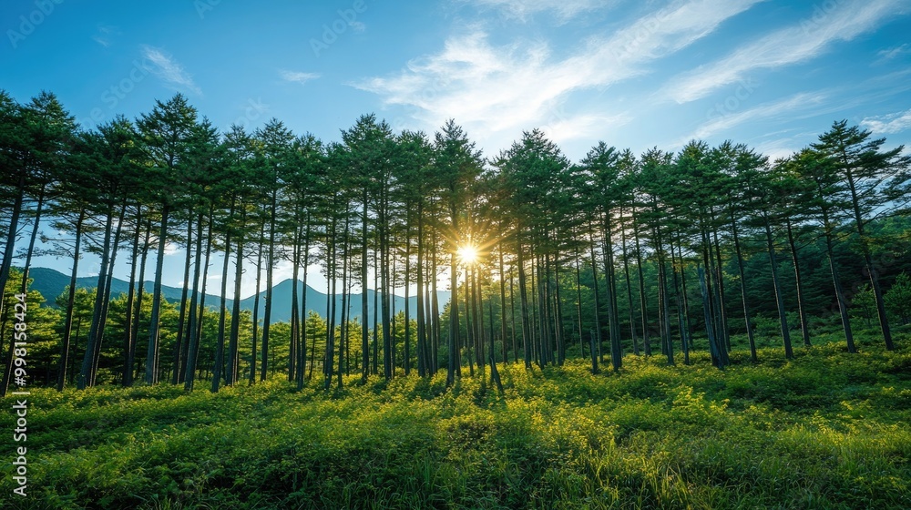 A beautiful stretch of green pine trees beneath a bright blue sky in Japan, with soft sunlight filtering through the branches, creating a peaceful forest atmosphere. A beautiful stretch of green pine trees beneath a bright blue sky in Japan, with soft sunlight filtering through the branches, creating a peaceful forest atmosphere.