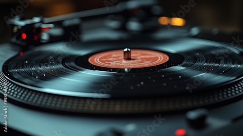 Close-up shot of a vinyl record spinning on a turntable.