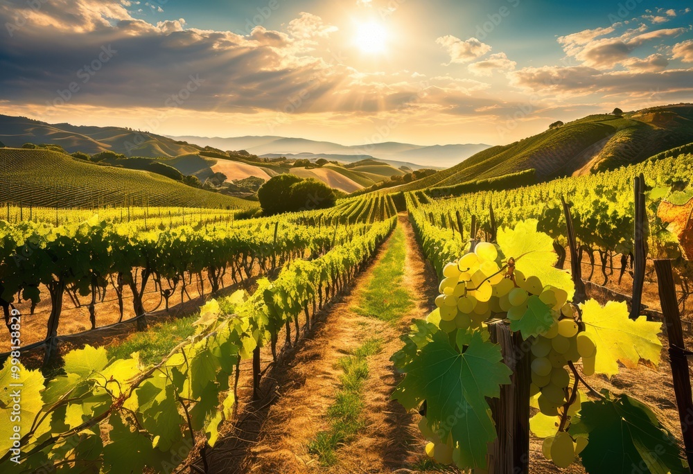 Naklejka premium lush green grape vines under bright sunlight picturesque vineyard landscape rolling hills, grapevine, nature, plants, fruit, agriculture, field, scenery