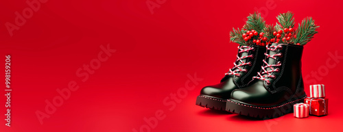 Photo of black polished shiny boots with fir branches and sweets sticking out on a red background on St. Nicholas Day.