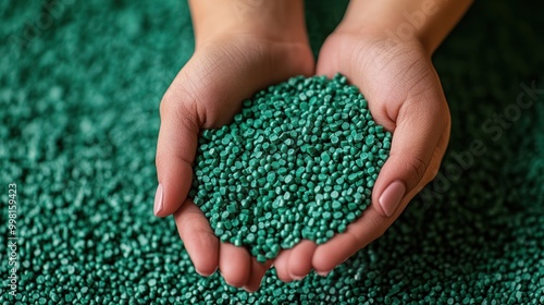 Close-up of hands holding a heap of green, eco-friendly biodegradable plastic pellets photo